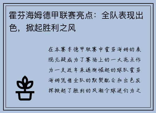 霍芬海姆德甲联赛亮点：全队表现出色，掀起胜利之风
