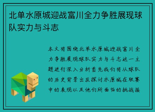 北单水原城迎战富川全力争胜展现球队实力与斗志