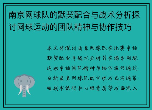 南京网球队的默契配合与战术分析探讨网球运动的团队精神与协作技巧