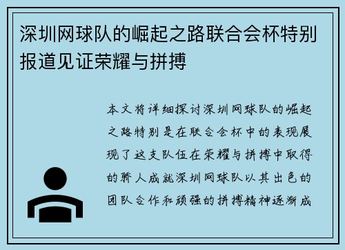 深圳网球队的崛起之路联合会杯特别报道见证荣耀与拼搏